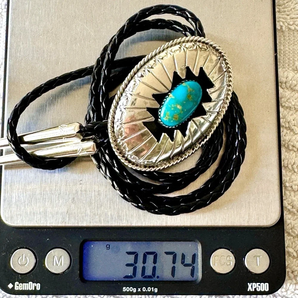 Navajo Turquoise Bolo Tie Rug Shadow Box Signed Wilbert Muskett‎ Sr Sterling